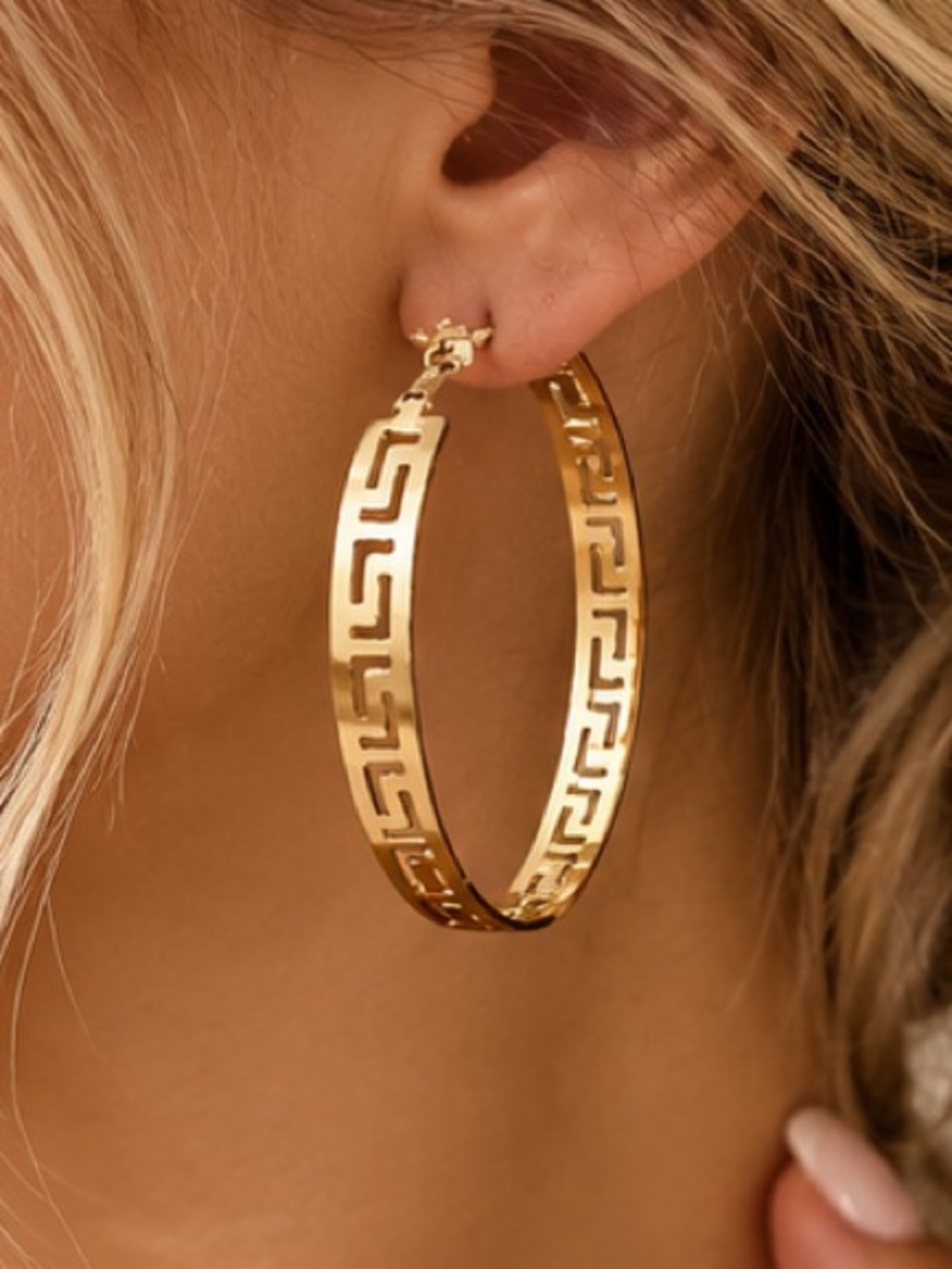 Gold Greek Key Extra Large Hoop Earrings Statement Jewelry 2.25”